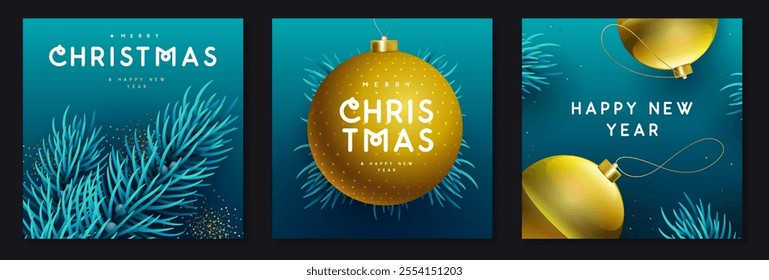 Set of Merry Christmas and Happy New Year holiday greeting cards with 3D colorful ball spheres and Christmas tree. Christmas blue background. Vector illustration