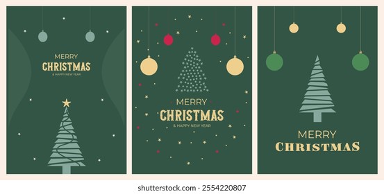 A set of Merry Christmas and Happy New Year greeting cards vector. Merry Christmas cards with balls, Christmas tree, and Stars ornaments.