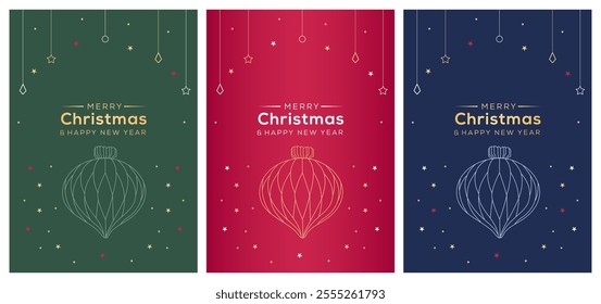 A set of Merry Christmas and Happy New Year greeting cards vector. Merry Christmas cards with balls, Christmas tree, and Stars ornaments.