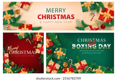 Set of Merry Christmas and Happy New Year banners, cards, headers with 3d gift boxes, candy canes, golden confetti, baubles and evergreen branches (Xmas tree) as a frame with text