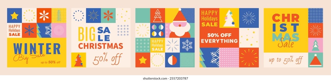 Set of Merry Christmas and Happy New Year geometric minimalist Square cards or banners. Winter design for greeting cards, posters, holiday, invitation, cover in swiss style. Vector illustration