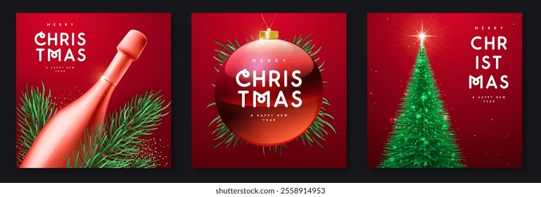 Set of Merry Christmas and Happy New Year holiday greeting cards with 3D colorful ball spheres and Christmas tree. Christmas red background. Vector illustration