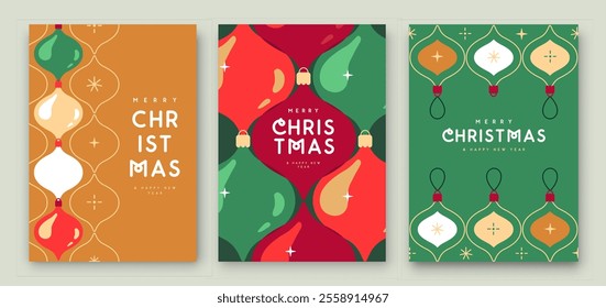 Set of Merry Christmas and Happy New Year greeting cards, covers or posters with holiday pattern. Christmas background. Flat design. Vector illustration