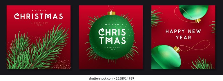 Set of Merry Christmas and Happy New Year holiday greeting cards with 3D colorful ball spheres and Christmas tree. Christmas red background. Vector illustration