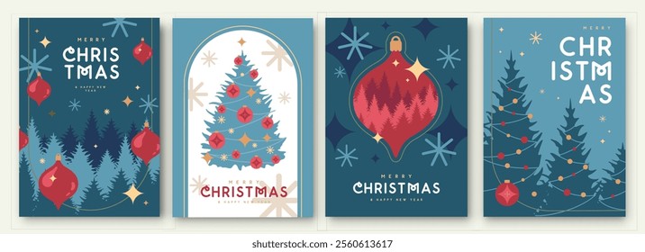 Set of Merry Christmas and Happy New Year greeting cards, covers or posters with holiday attributes. Christmas background. Flat design. Vector illustration