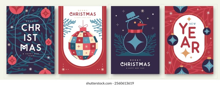 Set of Merry Christmas and Happy New Year greeting cards, covers or posters with holiday attributes. Christmas background. Flat design. Vector illustration