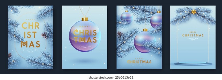 Set of Merry Christmas and Happy New Year holiday greeting cards with 3D colorful ball spheres and Christmas tree. Christmas blue background. Vector illustration