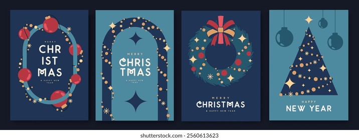 Set of Merry Christmas and Happy New Year greeting cards, covers or posters with holiday attributes. Christmas background. Flat design. Vector illustration