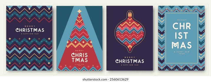 Set of Merry Christmas and Happy New Year greeting cards, covers or posters with holiday pattern. Christmas background. Flat design. Vector illustration