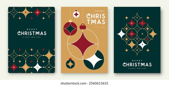 Set of Merry Christmas and Happy New Year greeting cards, covers or posters with holiday pattern. Christmas background. Flat design. Vector illustration