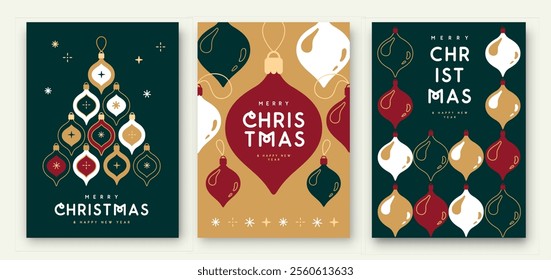 Set of Merry Christmas and Happy New Year greeting cards, covers or posters with holiday pattern. Christmas background. Flat design. Vector illustration