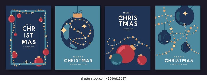 Set of Merry Christmas and Happy New Year greeting cards, covers or posters with holiday attributes. Christmas background. Flat design. Vector illustration