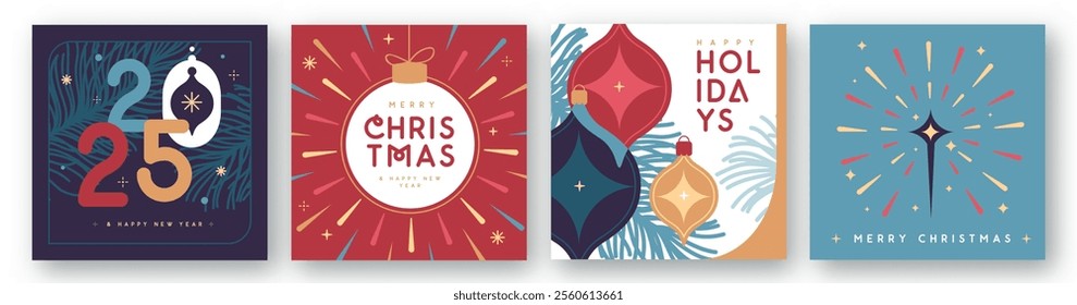 Set of Merry Christmas and Happy New Year greeting cards, covers or posters with holiday attributes. Christmas background. Flat design. Vector illustration