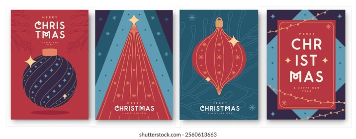 Set of Merry Christmas and Happy New Year greeting cards, covers or posters with holiday attributes. Christmas background. Flat design. Vector illustration