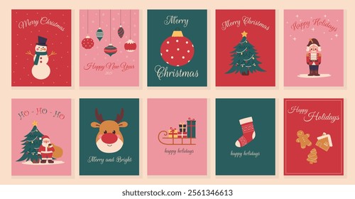 Set of Merry Christmas and Happy New Year cards with Christmas elements and typography. Flyers with Santa Claus,deer,gifts,nutcracker,snowman, tree, ornaments. Vector illustration cartoon flat style