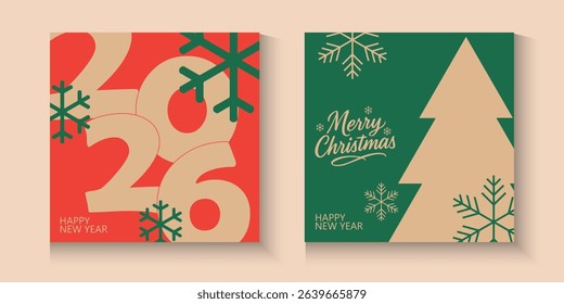 set of Merry Christmas and Happy New Year 2026 greeting card, poster, banner, holiday cover. Xmas template in watercolor style with 2026 design in gold green blue and red colors for ads and promo web