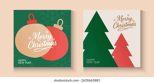 set of Merry Christmas and Happy New Year 2026 greeting card, poster, banner, holiday cover. Xmas template in watercolor style with 2026 design in gold green blue and red colors for ads and promo web