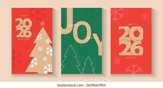 set of Merry Christmas and Happy New Year 2026 greeting card, poster, banner, holiday cover. Xmas template in watercolor style with 2026 design in gold green blue and red colors for ads and promo web