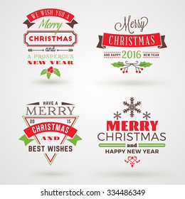 Set of Merry Christmas and Happy New Year Decorative Badges or Labels for Greetings Cards. Vector Illustration in Red, Green and Brown Colors and Shadows