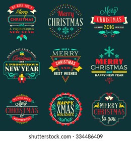 Set of Merry Christmas and Happy New Year Decorative Badges for Greetings Cards or Invitations. Vector Illustration in Red, Green and Yellow Colors