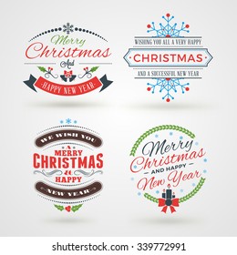 Set of Merry Christmas and Happy New Year Decorative Badges or Labels for Greetings Cards. Vector Illustration