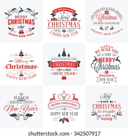 Set of Merry Christmas and Happy New Year Decorative Badges for Greetings Cards or Invitations. Vector Illustration in Red and Gray Colors