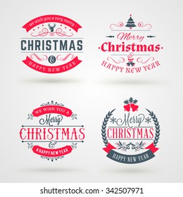 Set of Merry Christmas and Happy New Year Decorative Badges or Labels for Greetings Cards. Vector Illustration