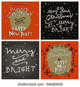 Set of Merry Christmas and Happy New Year hand drawn greeting cards in retro style. Vector illustration