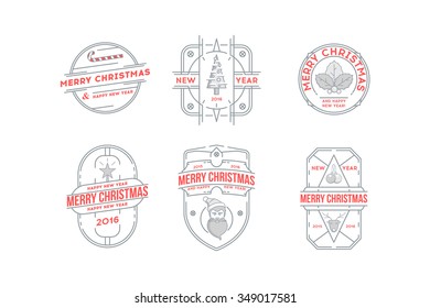 Set of Merry Christmas and Happy New Year Line Badges . Stock vector.