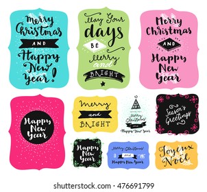 Set of Merry Christmas and Happy New Year vintage hand drawn logos, badges, quotes and phrases in vintage colors. For gift tags, postcards, posters. Modern calligraphic artwork in vector