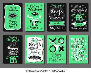 Set of Merry Christmas, Happy New Year, Hello Winter and Happy Holidays vintage hand drawn greeting cards, gift tags, postcards, posters. Calligraphic artwork vector illustration.