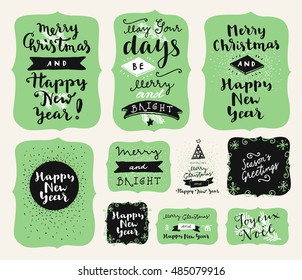 Set of Merry Christmas and Happy New Year vintage hand drawn logos, badges, quotes and phrases in vintage colors. For gift tags, postcards, posters. Modern calligraphic artwork in vector