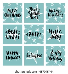 Set of Merry christmas and Happy new year cards. Vector hand drawn lettering.Seamless pattern of stars. Signs for design greeting cards, photo overlays, invitations.
