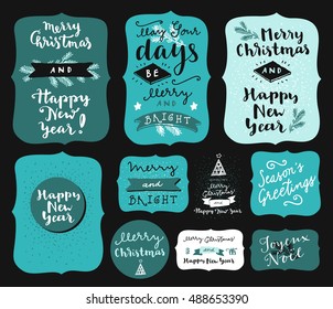 Set of Merry Christmas and Happy New Year vintage hand drawn logos, badges, quotes and phrases in vintage colors. For gift tags, postcards, posters. Modern calligraphic artwork in vector