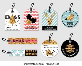 Set of Merry Christmas and Happy New Year Gift Tags. Retro Style with Glittering Golden Pattern. Vector Illustration.