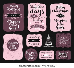 Set of Merry Christmas and Happy New Year vintage hand drawn logos, badges, quotes and phrases in vintage colors. For gift tags, postcards, posters. Modern calligraphic artwork in vector