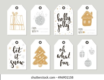 Set with Merry Christmas and Happy New Year vintage gift tags and cards with calligraphy. Handwritten lettering. Hand drawn design elements. Printable items 