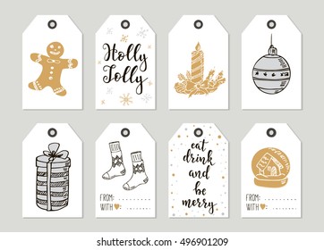 Set with Merry Christmas and Happy New Year vintage gift tags and cards with calligraphy. Handwritten lettering. Hand drawn design elements. Printable items 