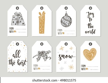 Set with Merry Christmas and Happy New Year vintage gift tags and cards with calligraphy. Handwritten lettering. Hand drawn design elements. Printable items 