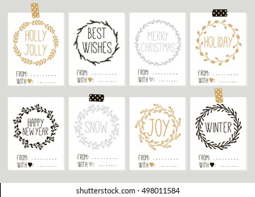 Set with Merry Christmas and Happy New Year vintage gift tags and cards with calligraphy. Handwritten lettering. Hand drawn design elements. Printable items 