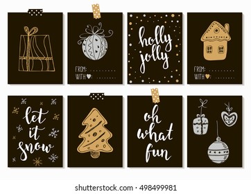 Set with Merry Christmas and Happy New Year vintage gift tags and cards with calligraphy. Handwritten lettering. Hand drawn design elements. Printable items 