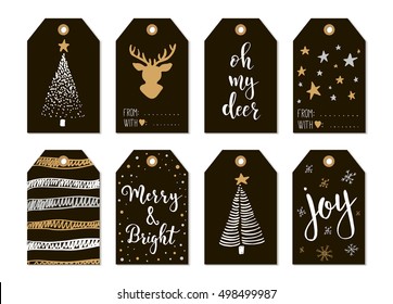 Set with Merry Christmas and Happy New Year vintage gift tags and cards with calligraphy. Handwritten lettering. Hand drawn design elements. Printable items 