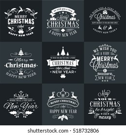 Set of Merry Christmas and Happy New Year Decorative Badges for Greetings Cards or Invitations. Vector Illustration in White and Black Colors