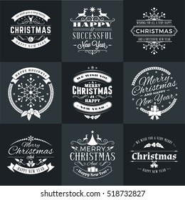 Set of Merry Christmas and Happy New Year Decorative Badges for Greetings Cards or Invitations. Vector Illustration in White and Black Colors