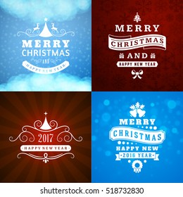 Set of Merry Christmas and Happy New Year Decorative Badges for Greetings Cards or Invitations. Vector Illustration. Abstract colorful background with snowflakes and lights