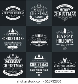 Set of Merry Christmas and Happy New Year Decorative Badges for Greetings Cards or Invitations. Vector Illustration in White and Black Colors