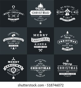 Set of Merry Christmas and Happy New Year Decorative Badges for Greetings Cards or Invitations. Vector Illustration in White and Black Colors