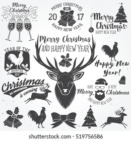 Set of Merry Christmas and Happy New Year 2017 typography design. Vector illustration. Xmas retro badge. Concept for shirt or logo, print, stamp, patch. Happy Holidays.