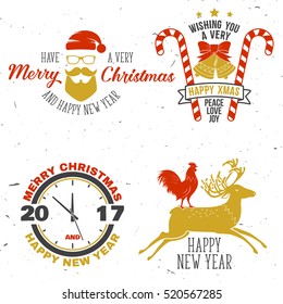 Set of Merry Christmas and Happy New Year 2017 typography design. Vector illustration. Xmas retro badge. Concept for shirt or logo, print, stamp, patch.