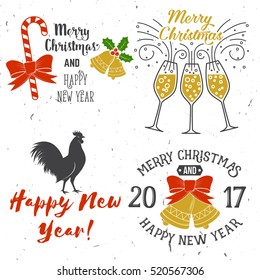 Set of Merry Christmas and Happy New Year 2017 typography design. Vector illustration. Xmas retro badge. Concept for shirt or logo, print, stamp, patch.
